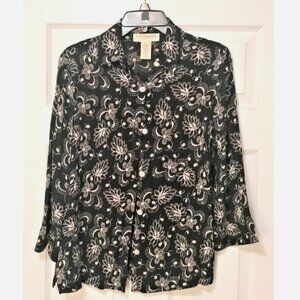 Vintage Easy Spirit 90s Y2k Floral Button Up Blouse Top Sz 0 Black & White